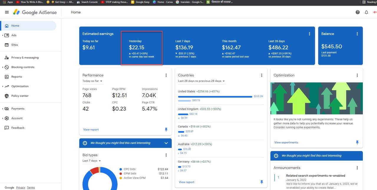 AdSense student earnings dashboard