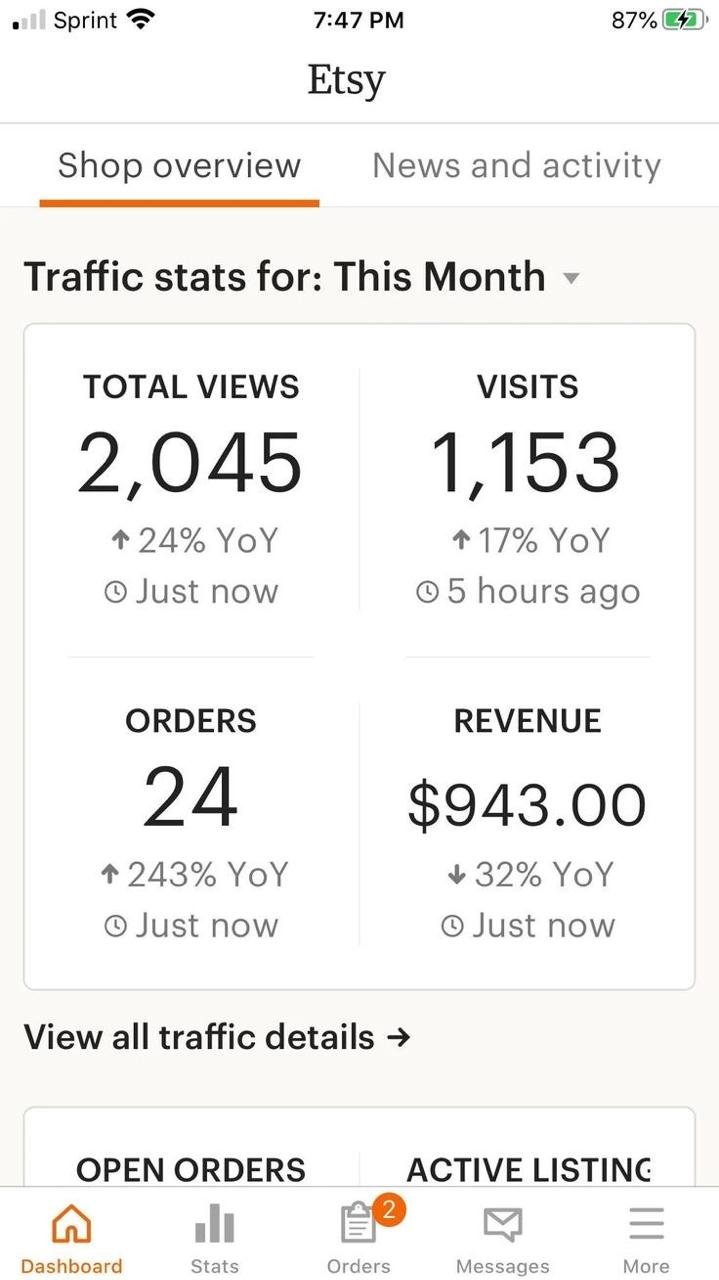 Etsy student shop stats